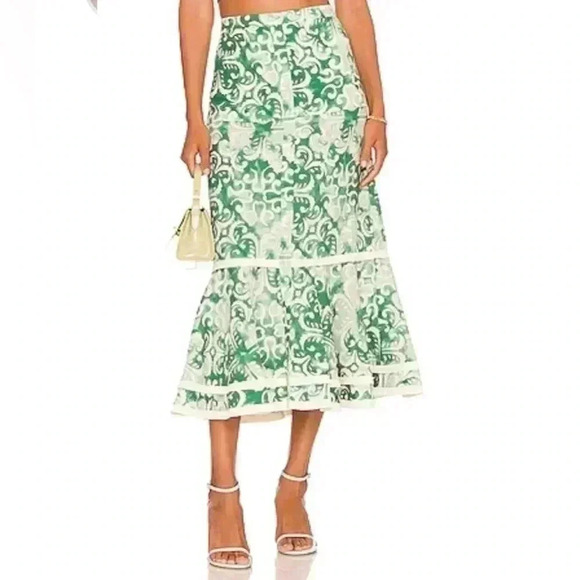 Alexis Galli Midi Skirt M Linen Cotton Sage Ivory Straw Raffia Hem Ruffle $473 - Picture 1 of 10